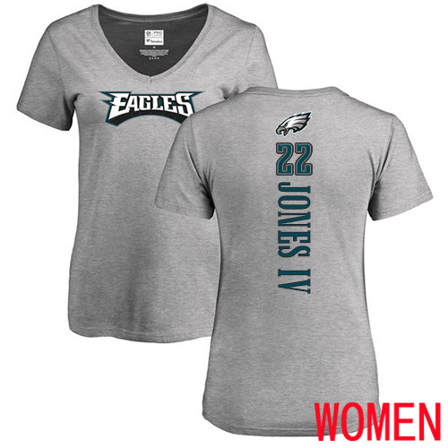 Women Philadelphia Eagles #22 Sidney Jones Ash Backer V-Neck NFL T Shirt->nfl t-shirts->Sports Accessory